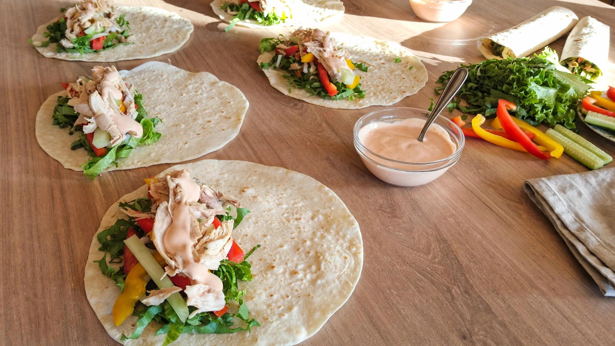 Fresh chicken wraps with vegetables prepared for guests