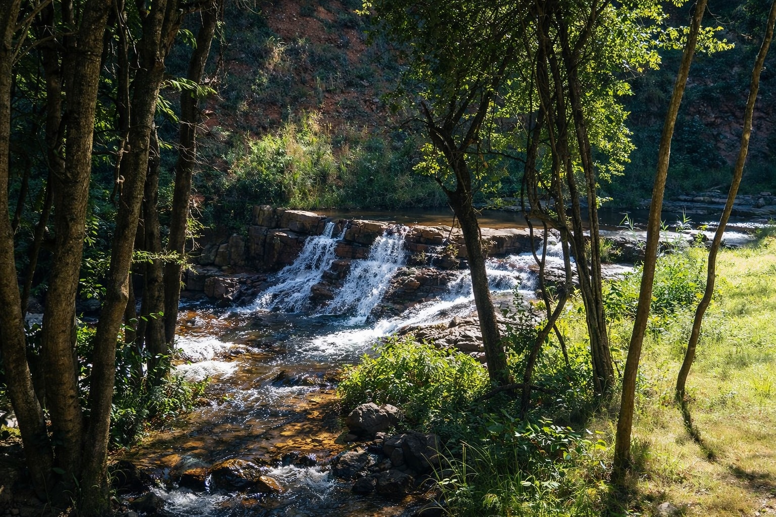 Wooded stream and cascading waterfall in Chimanimani